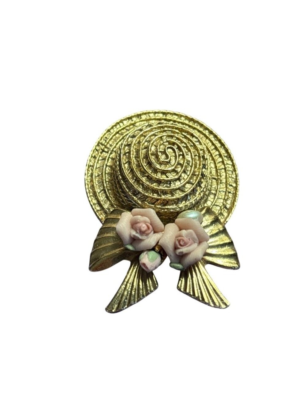 Vtg 1928 Brand Goldtone Hat Brooch Pin Bow Pink Green Porcelain Roses 2 inches